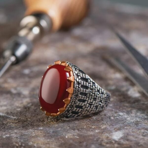 Sterling Silver Ottoman Ring: Natural Gemstone, Turkish Castle Wall Design - Image 2