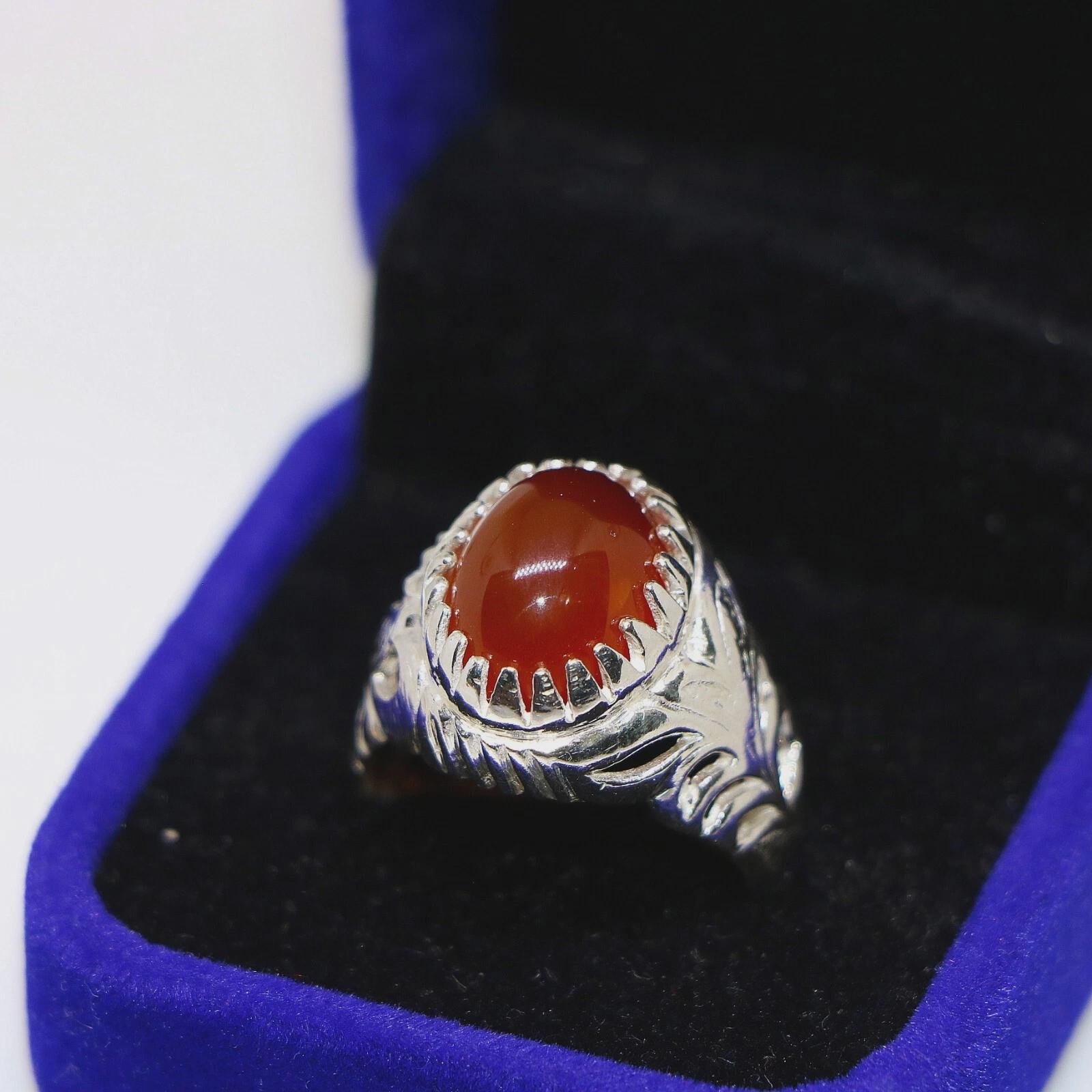 Red Yemeni Agate Ring: Handmade 925 Sterling Silver Kabbadi Ring