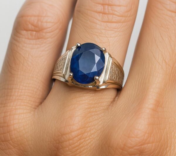 Blue Sapphire Ring for Men: 925 Sterling Silver, Art Deco Style - Image 2