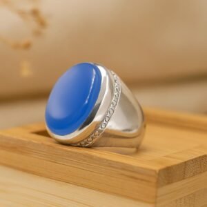 Blue Agate Islamic Ring: Handmade 925 Sterling Silver Yemeni Aqeeq Signet