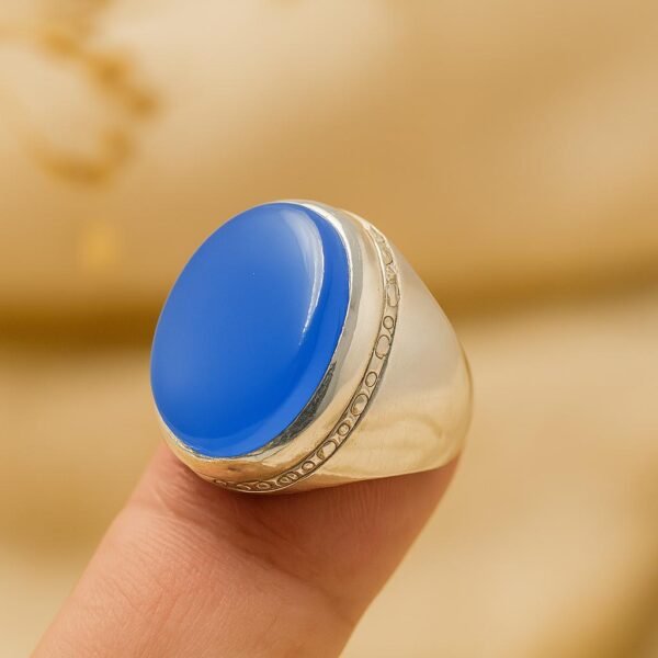 Blue Agate Islamic Ring: Handmade 925 Sterling Silver Yemeni Aqeeq Signet - Image 3