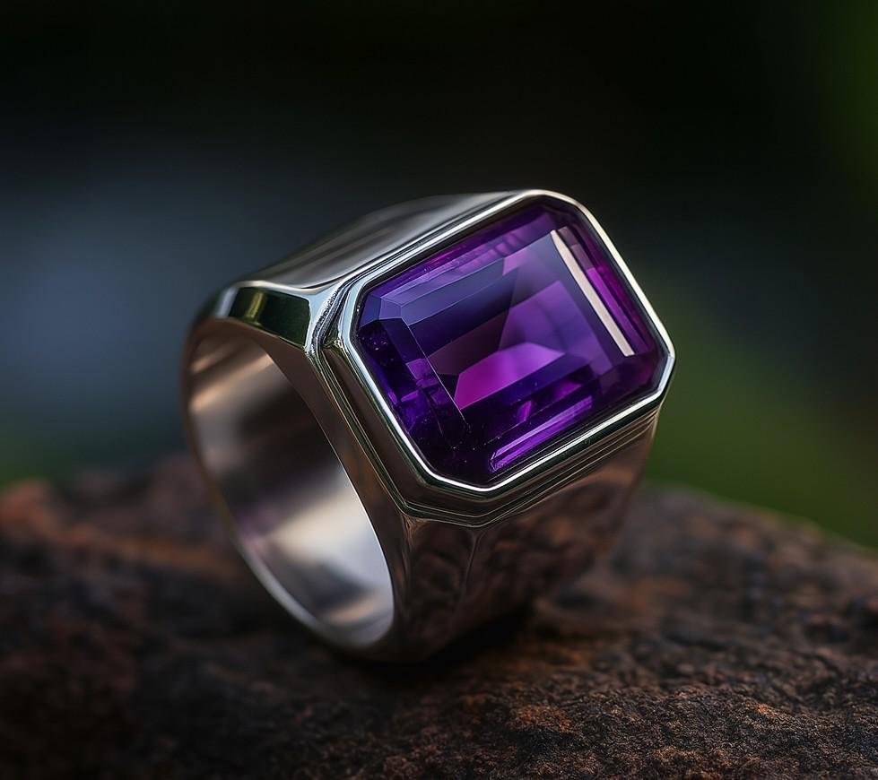 Handmade Amethyst Signet Ring: 925 Sterling Silver Art Deco Style