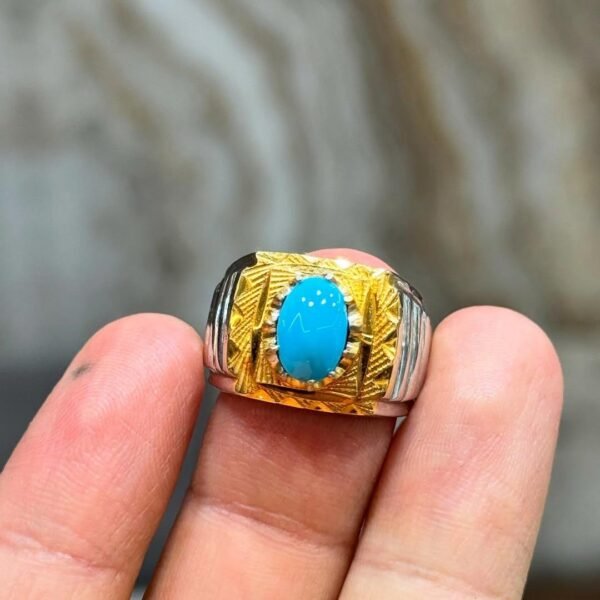 Handmade Turquoise Men's Ring: Sterling Silver with Gold Detail - Image 5