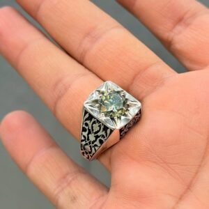 Oxidized Sterling Silver Men's Ring: 5 Carat Green Stone, Ottoman Style