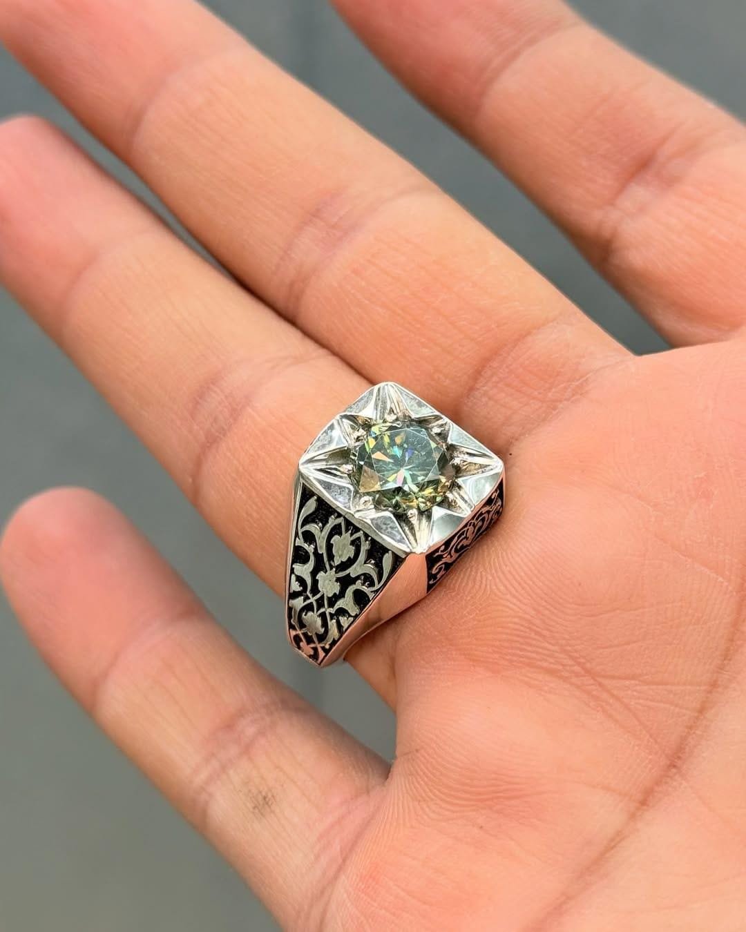 Oxidized Sterling Silver Men's Ring: 5 Carat Green Stone, Ottoman Style