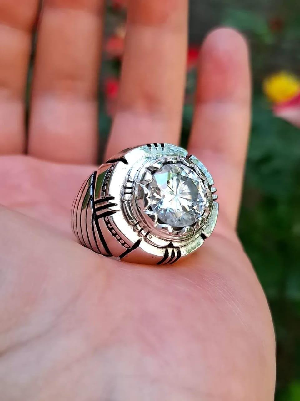 White Moissanite Ring for Men | 925 Sterling Silver Round Cut Ring | Vintage Handmade Statement Ring | Engagement or Gift Ring - Image 3