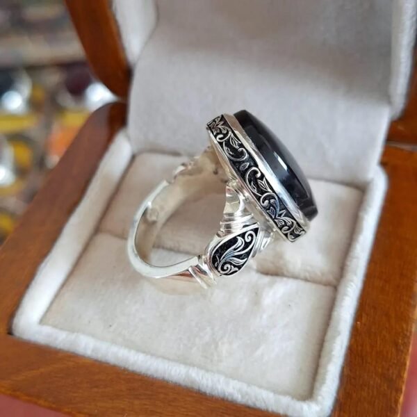 Handcrafted Sterling Silver Black Onyx Ring: Floral Band, Elegant Mens Jewelry - Image 5