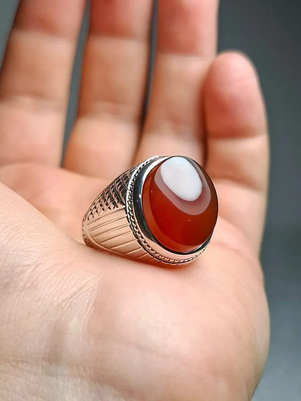Handmade Red Yemeni Aqeeq Ring for Men: 925 Sterling Silver Islamic Agate - Image 2