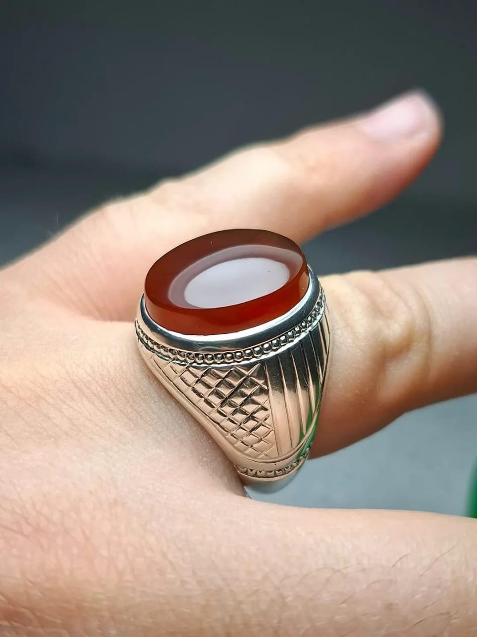Handmade Red Yemeni Aqeeq Ring for Men: 925 Sterling Silver Islamic Agate