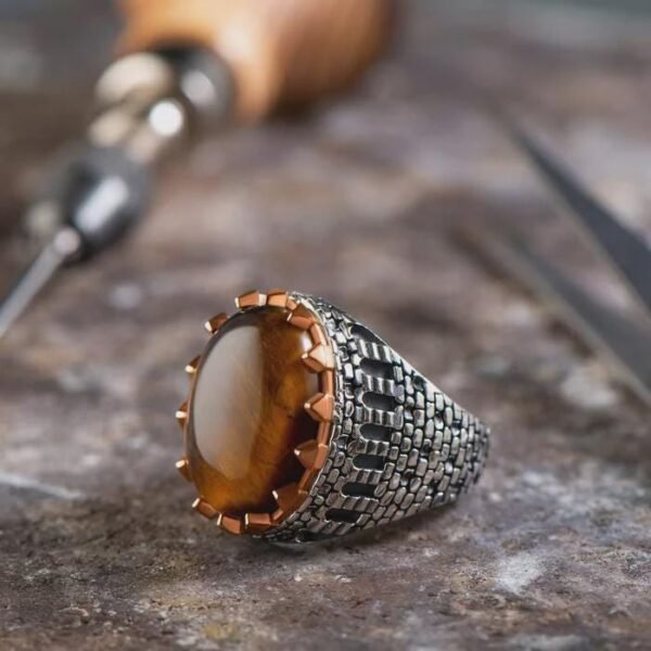 Sterling Silver Ottoman Ring: Natural Gemstone, Turkish Castle Wall Design - Image 5