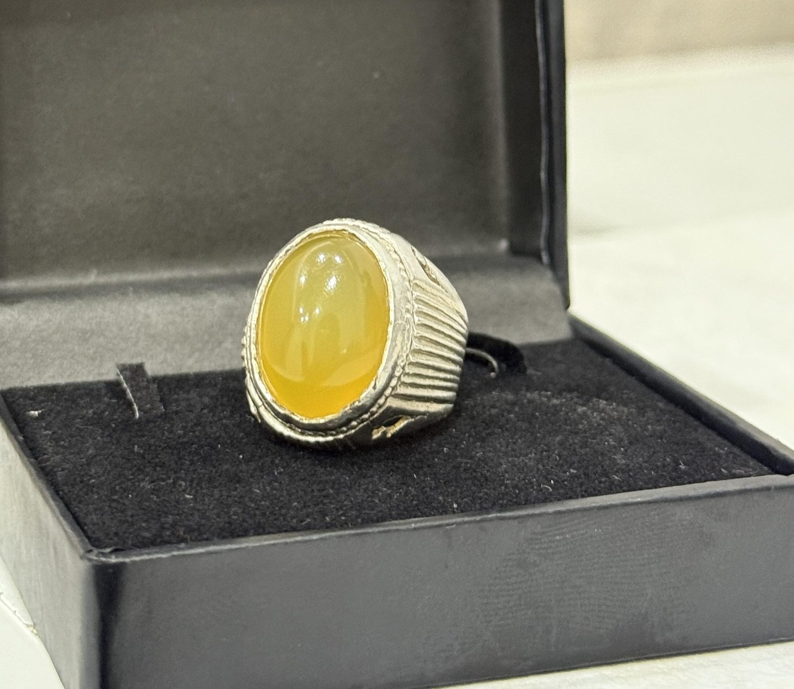 Yellow Agate Sterling Silver Ring: Art Deco Men's Statement Band