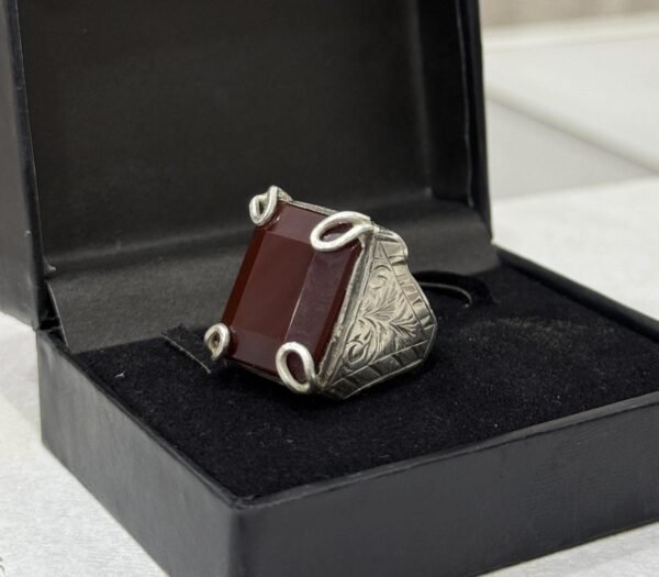 Hand-Engraved Yemeni Aqeeq Mens Ring: 925 Sterling Silver Statement