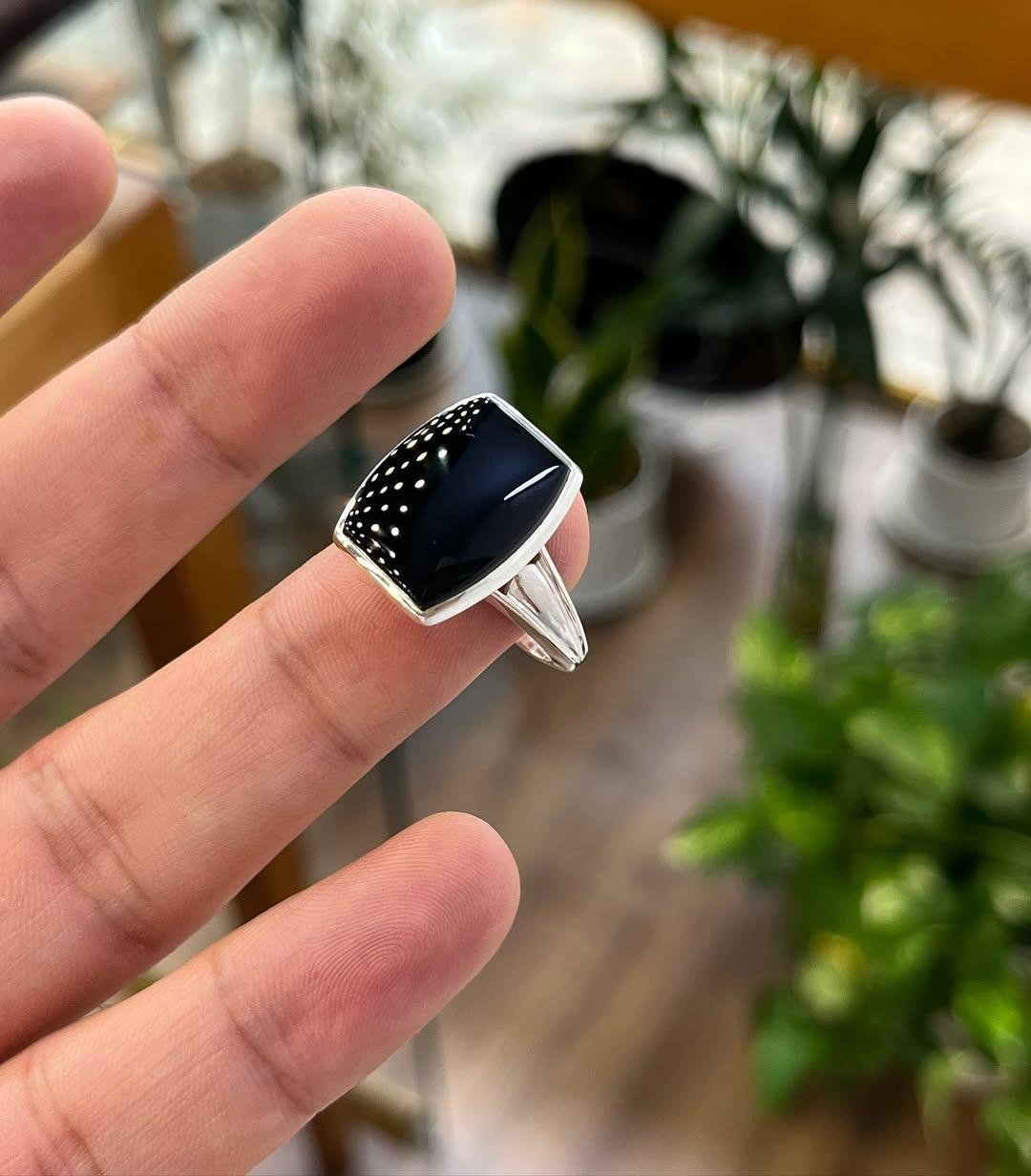 Handmade Square Black Agate Ring: 925 Sterling Silver Minimalist Design