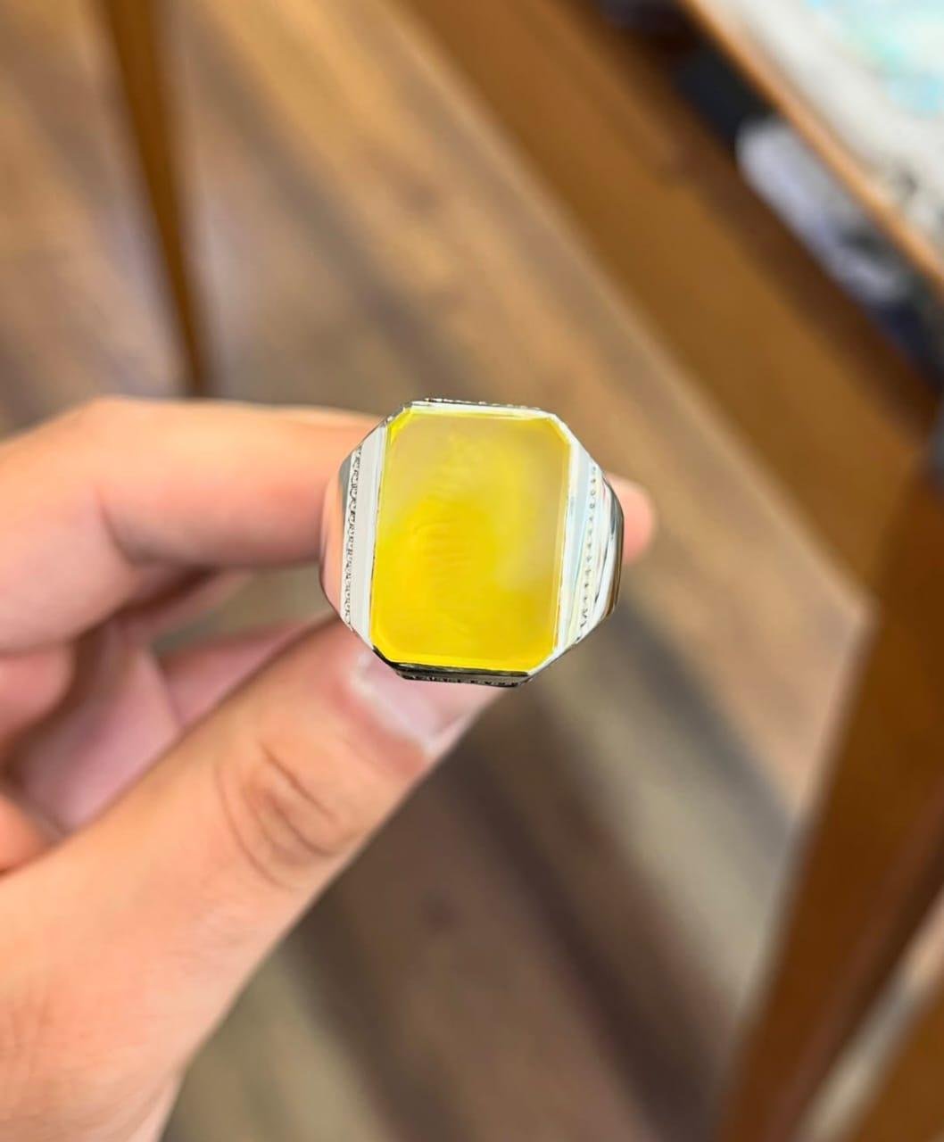 Handmade Yellow Agate (Aqeeq) Ring: 925 Sterling Silver Islamic Men's Ring - Image 3