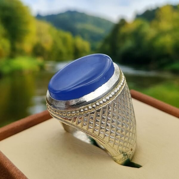 Blue Aqeeq Agate Ring for Men: Sterling Silver Islamic Gemstone - Image 5