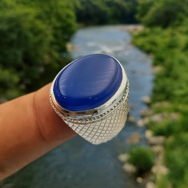 Blue Aqeeq Agate Ring for Men: Sterling Silver Islamic Gemstone - Image 6