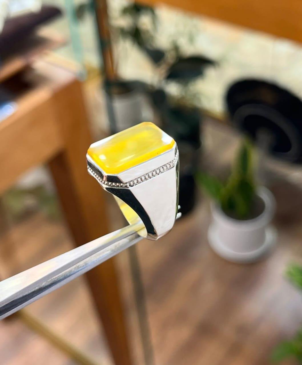 Handmade Yellow Agate (Aqeeq) Ring: 925 Sterling Silver Islamic Men's Ring - Image 2