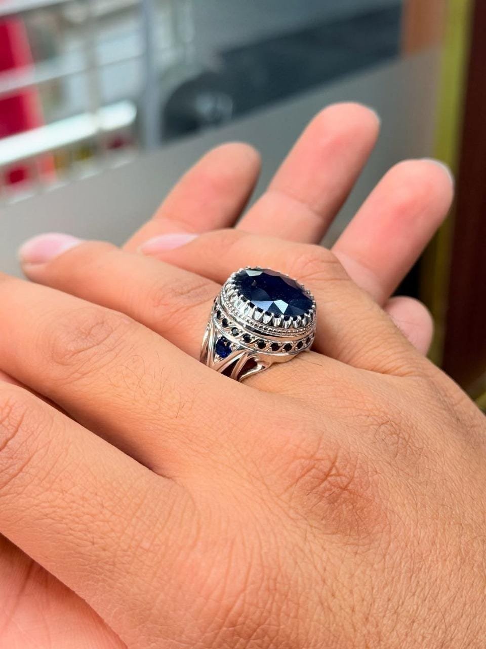 Sterling Silver Men's Ring: Natural Blue Sapphire Engagement Jewelry - Image 2