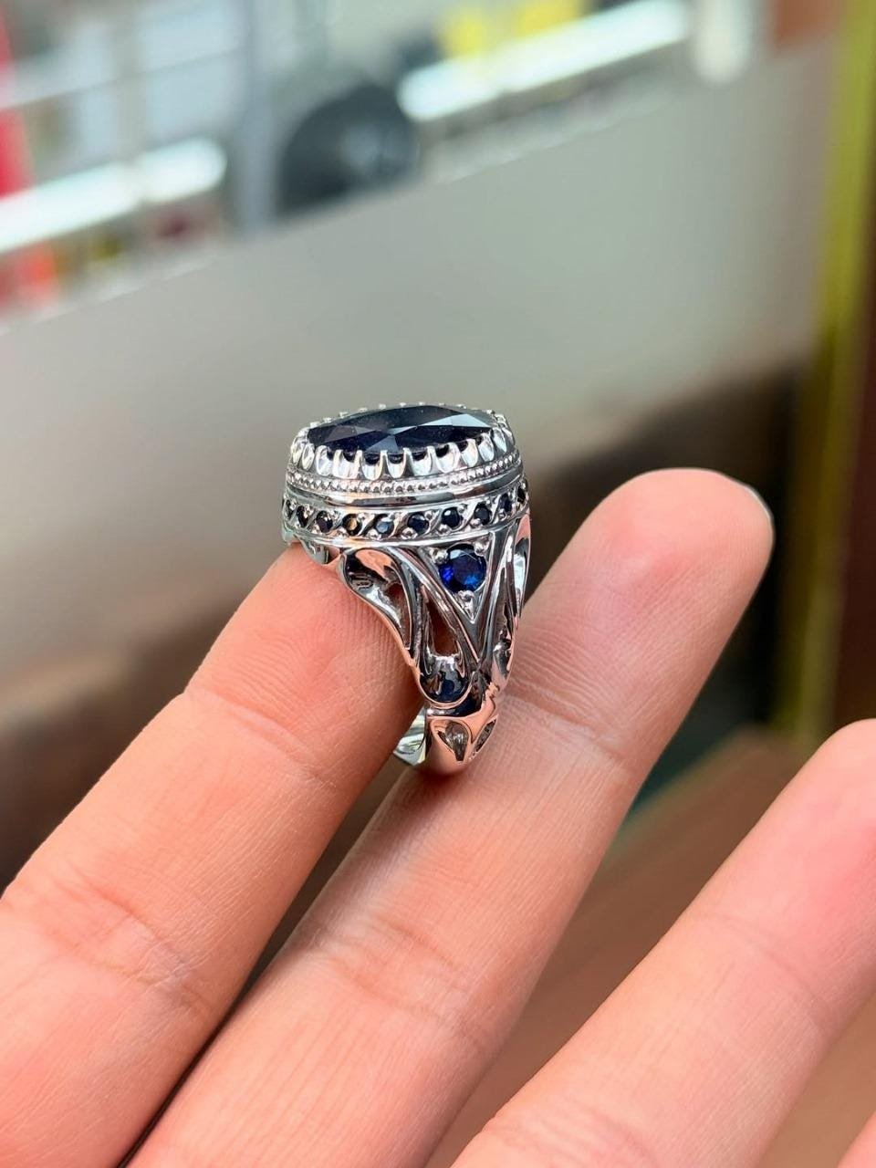 Sterling Silver Men's Ring: Natural Blue Sapphire Engagement Jewelry - Image 5