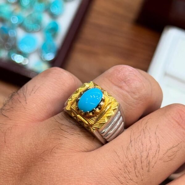 Handmade Turquoise Men's Ring: Sterling Silver with Gold Detail - Image 2