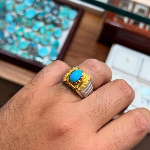 Handmade Turquoise Men's Ring: Sterling Silver with Gold Detail - Image 3