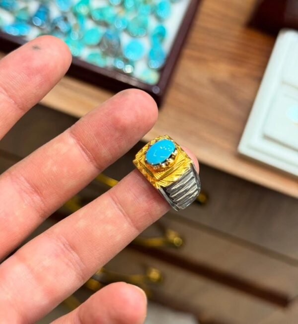 Handmade Turquoise Men's Ring: Sterling Silver with Gold Detail - Image 4