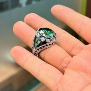 10 Carat Green Moissanite Ring: Art Deco Sterling Silver Engagement