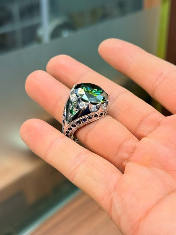 10 Carat Green Moissanite Ring: Art Deco Sterling Silver Engagement