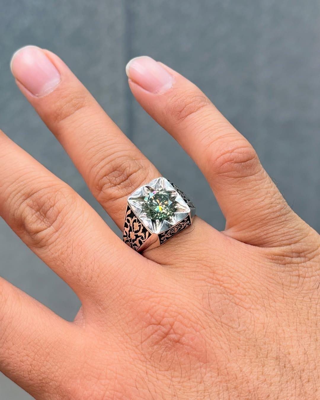 Oxidized Sterling Silver Men's Ring: 5 Carat Green Stone, Ottoman Style - Image 5