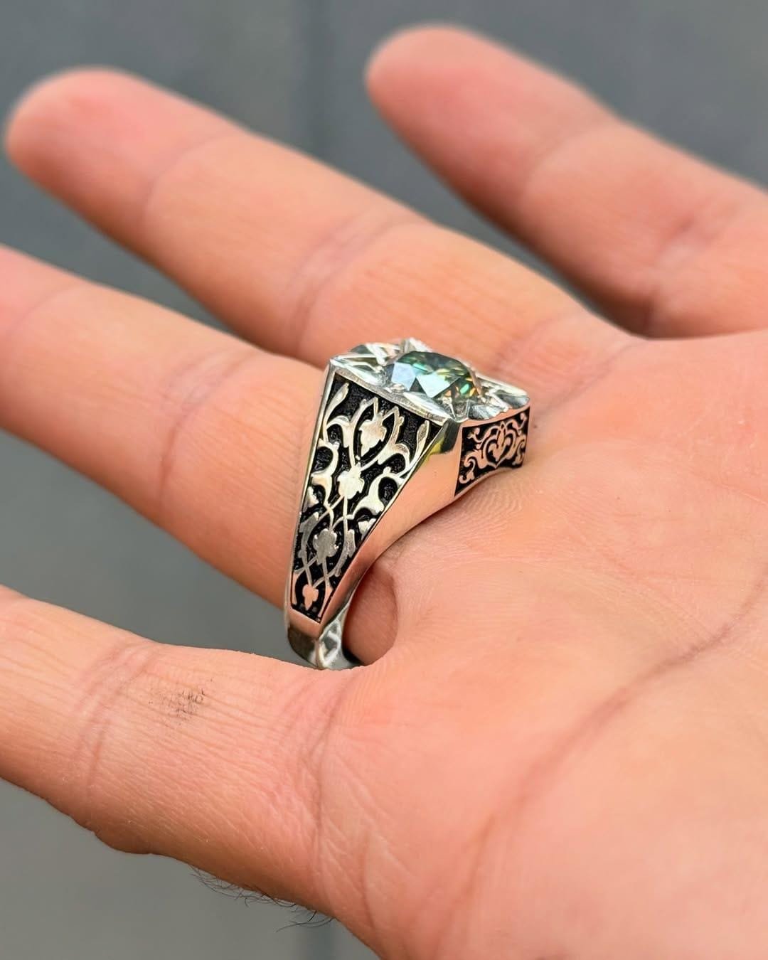 Oxidized Sterling Silver Men's Ring: 5 Carat Green Stone, Ottoman Style - Image 2