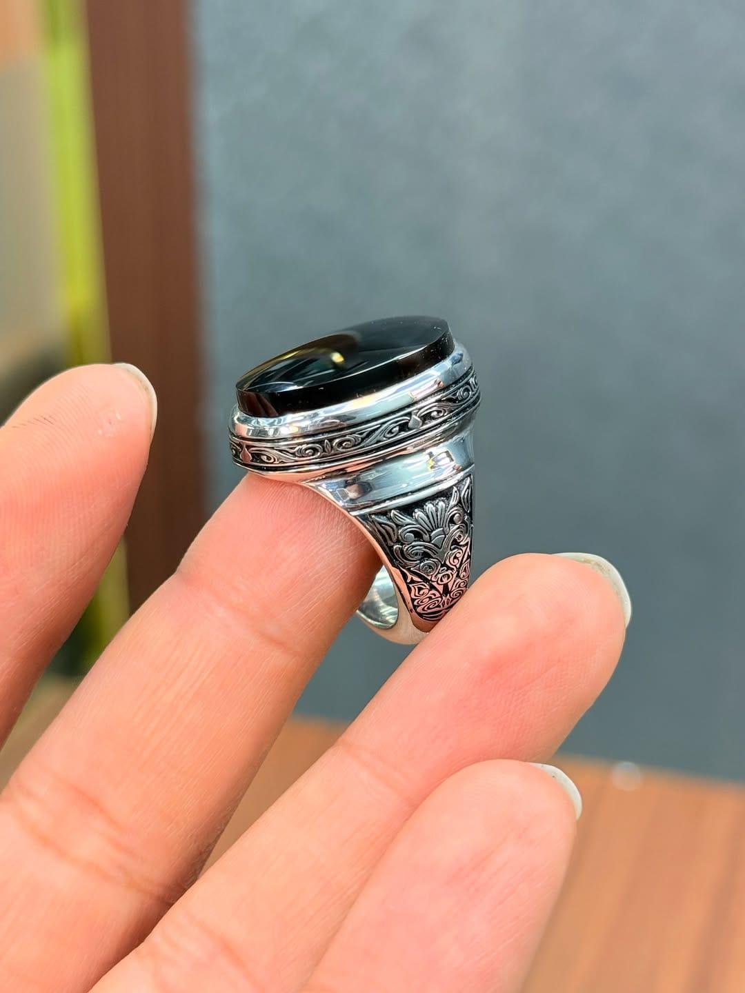 Handmade Black Agate Aqeeq Ring: Sterling Silver Islamic Jewelry