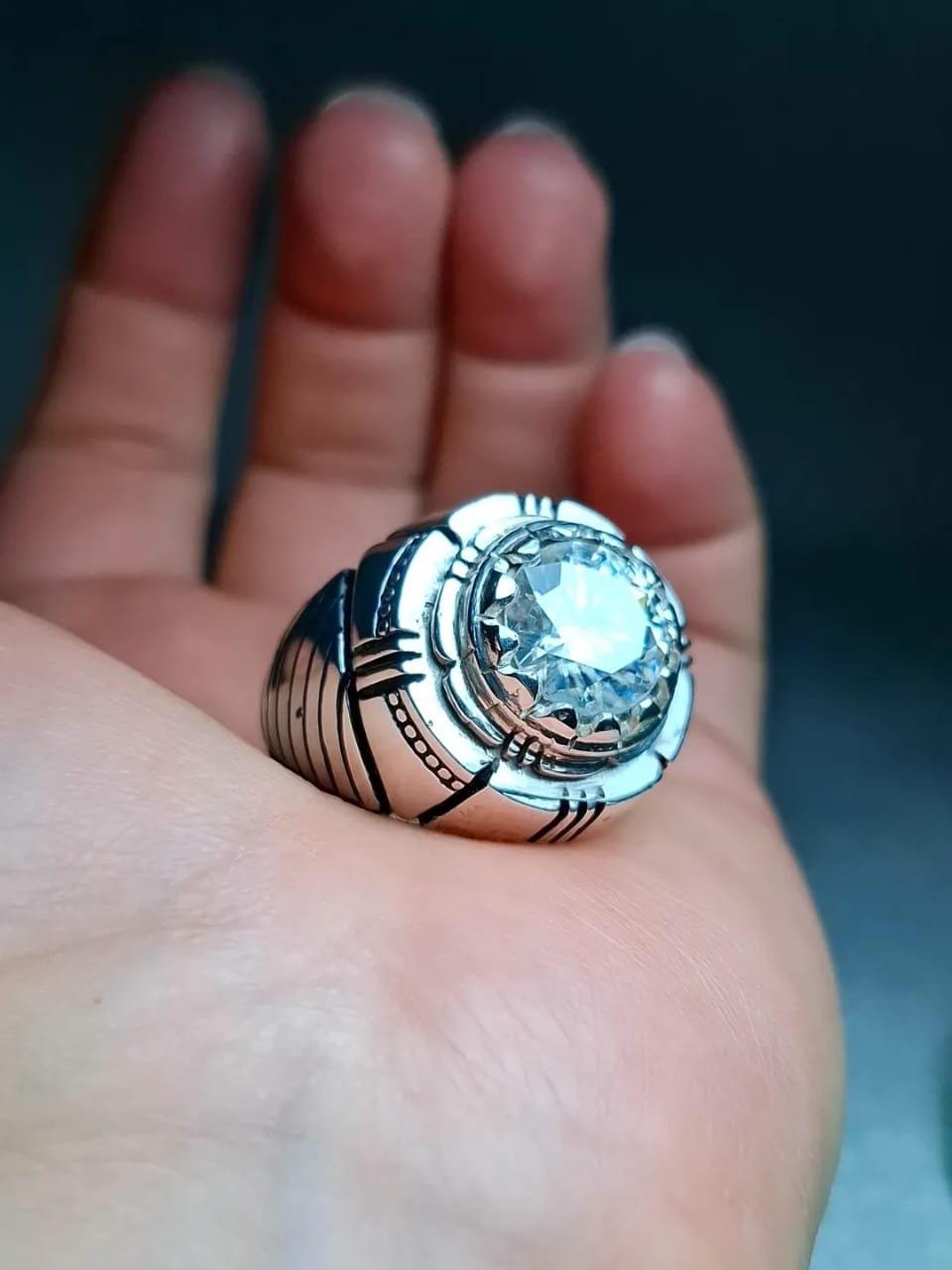 White Moissanite Ring for Men | 925 Sterling Silver Round Cut Ring | Vintage Handmade Statement Ring | Engagement or Gift Ring - Image 2