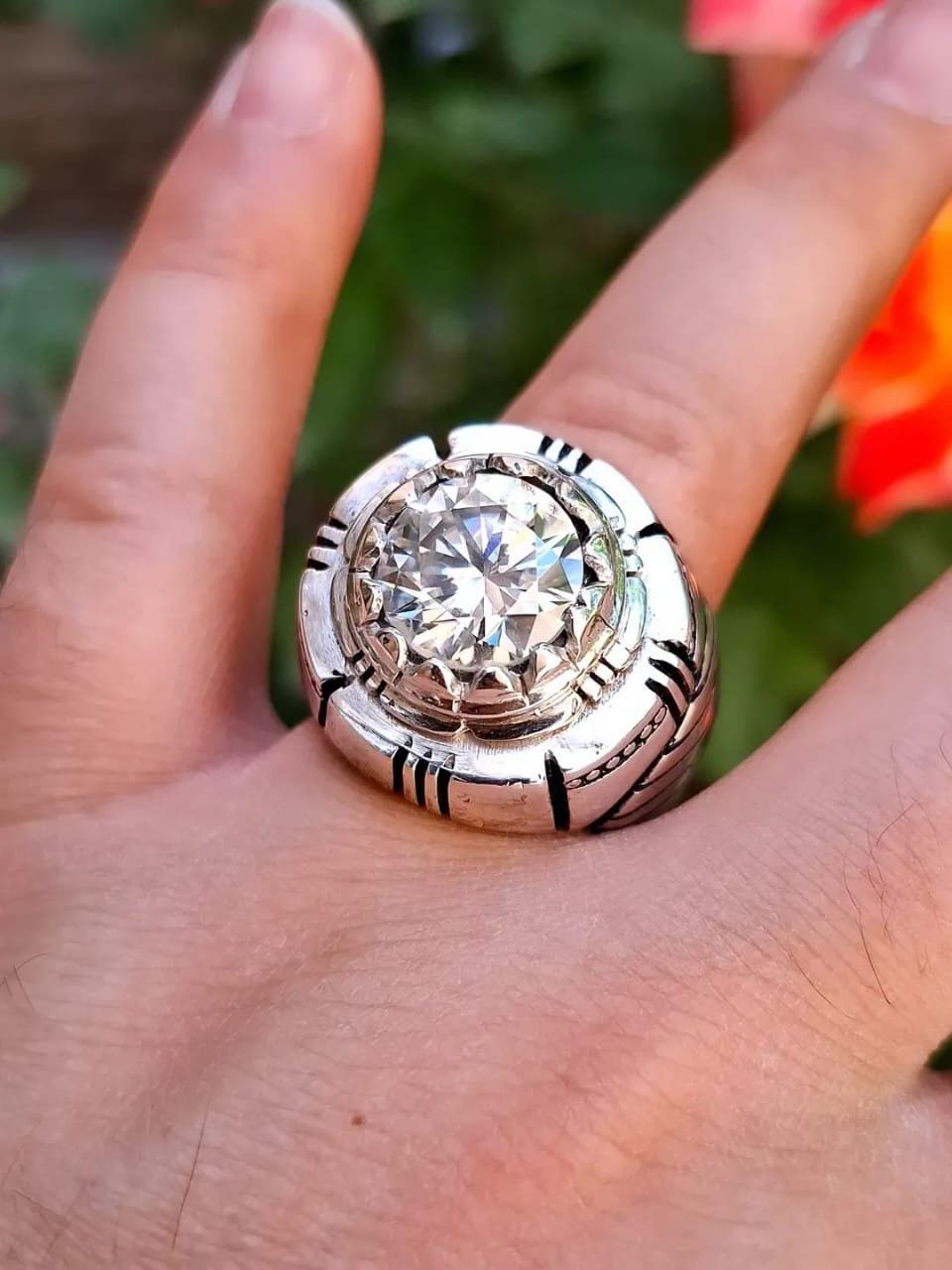 White Moissanite Ring for Men | 925 Sterling Silver Round Cut Ring | Vintage Handmade Statement Ring | Engagement or Gift Ring