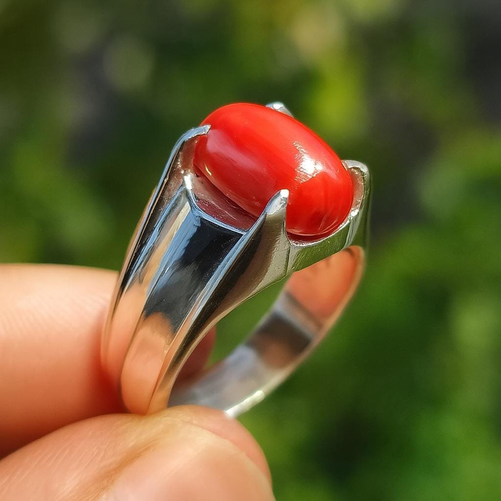 Handmade Red Coral Aqeeq Ring: 925 Sterling Silver Islamic Gift - Image 2
