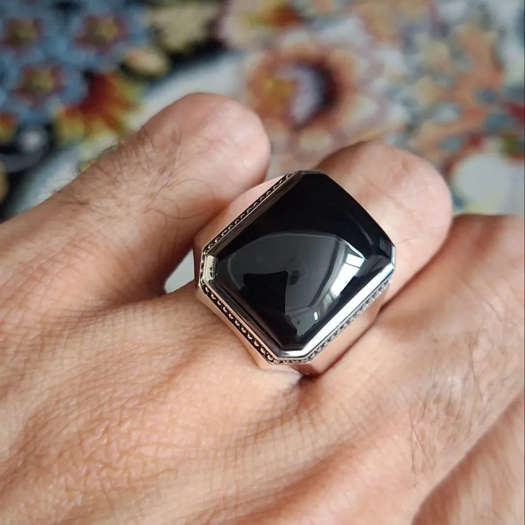 Sterling Silver Black Onyx Ring: Handmade Hexagonal Design - Image 2