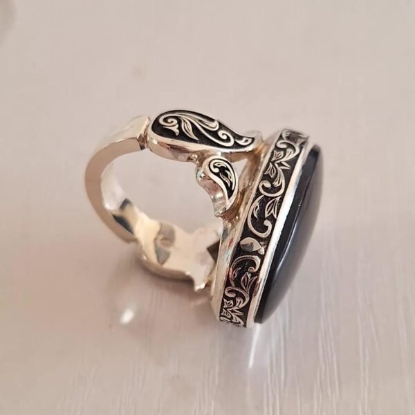 Handcrafted Sterling Silver Black Onyx Ring: Floral Band, Elegant Mens Jewelry - Image 3