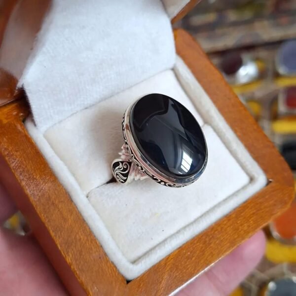 Handcrafted Sterling Silver Black Onyx Ring: Floral Band, Elegant Mens Jewelry - Image 2