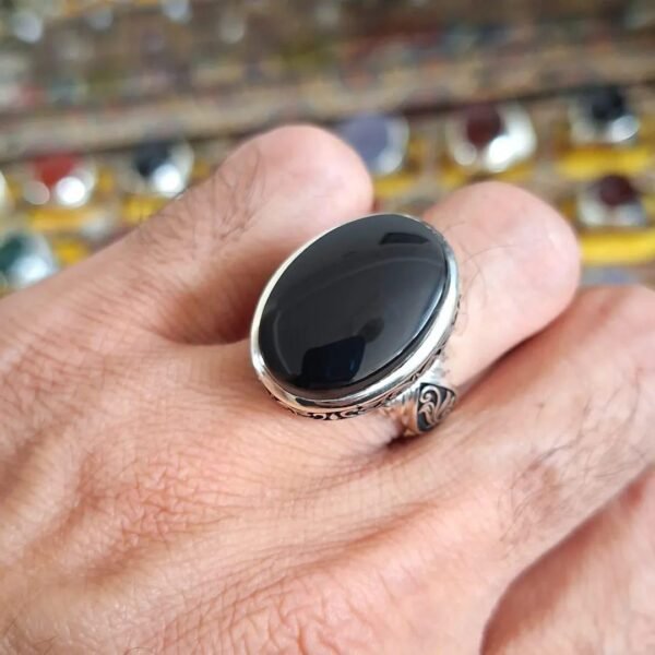 Handcrafted Sterling Silver Black Onyx Ring: Floral Band, Elegant Mens Jewelry - Image 6