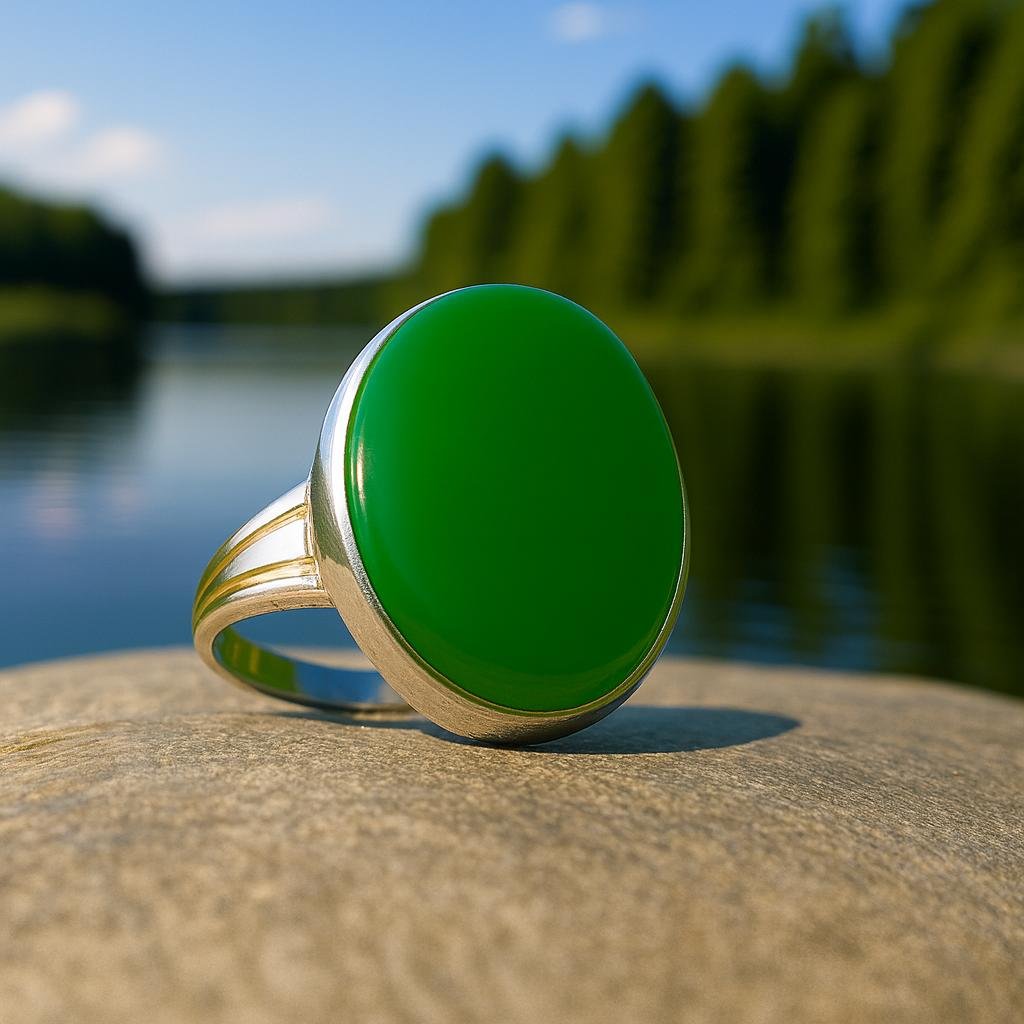 Handmade Green Agate Sterling Silver Ring: Adjustable Art Deco Design - Image 2