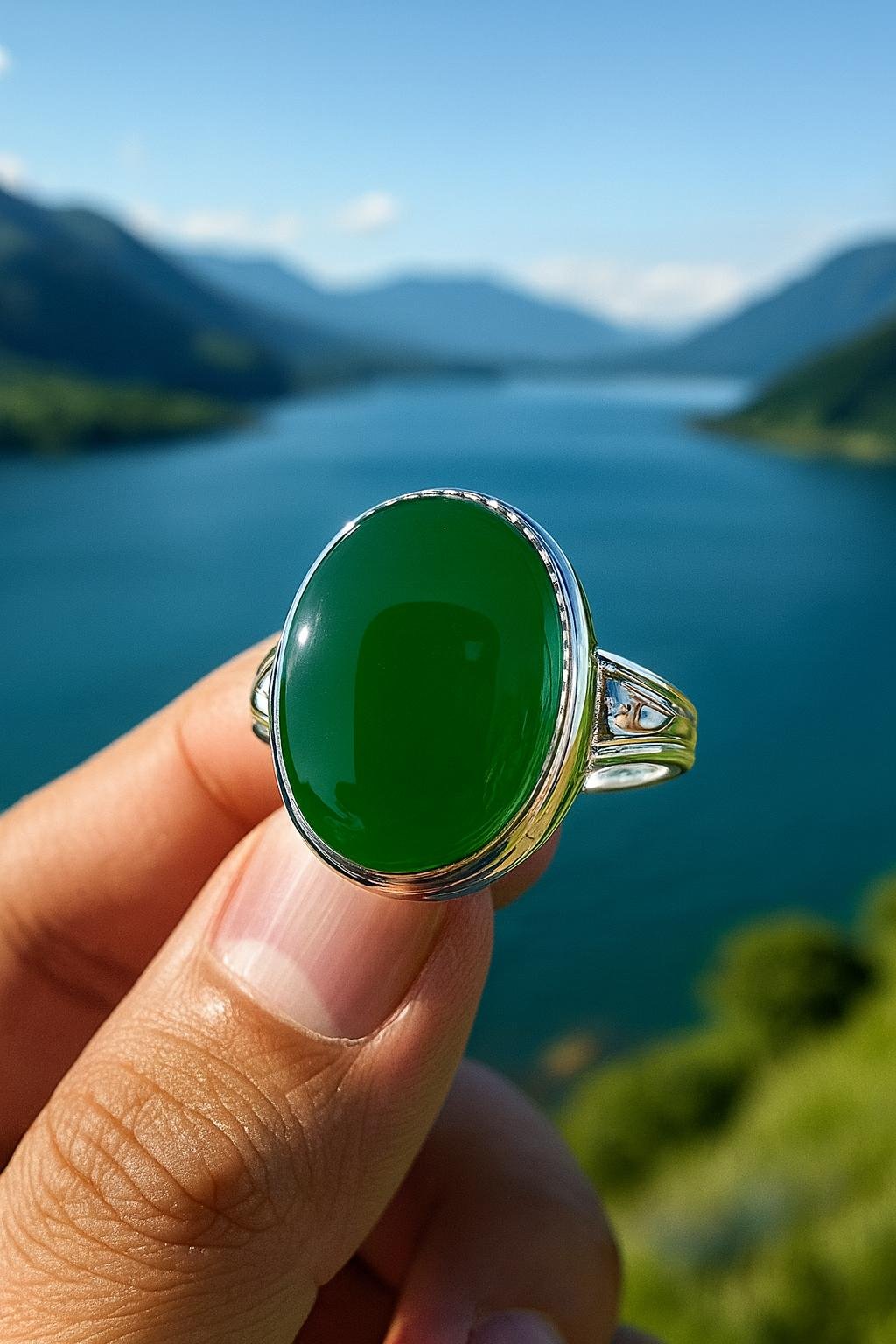 Handmade Green Agate Sterling Silver Ring: Adjustable Art Deco Design - Image 3