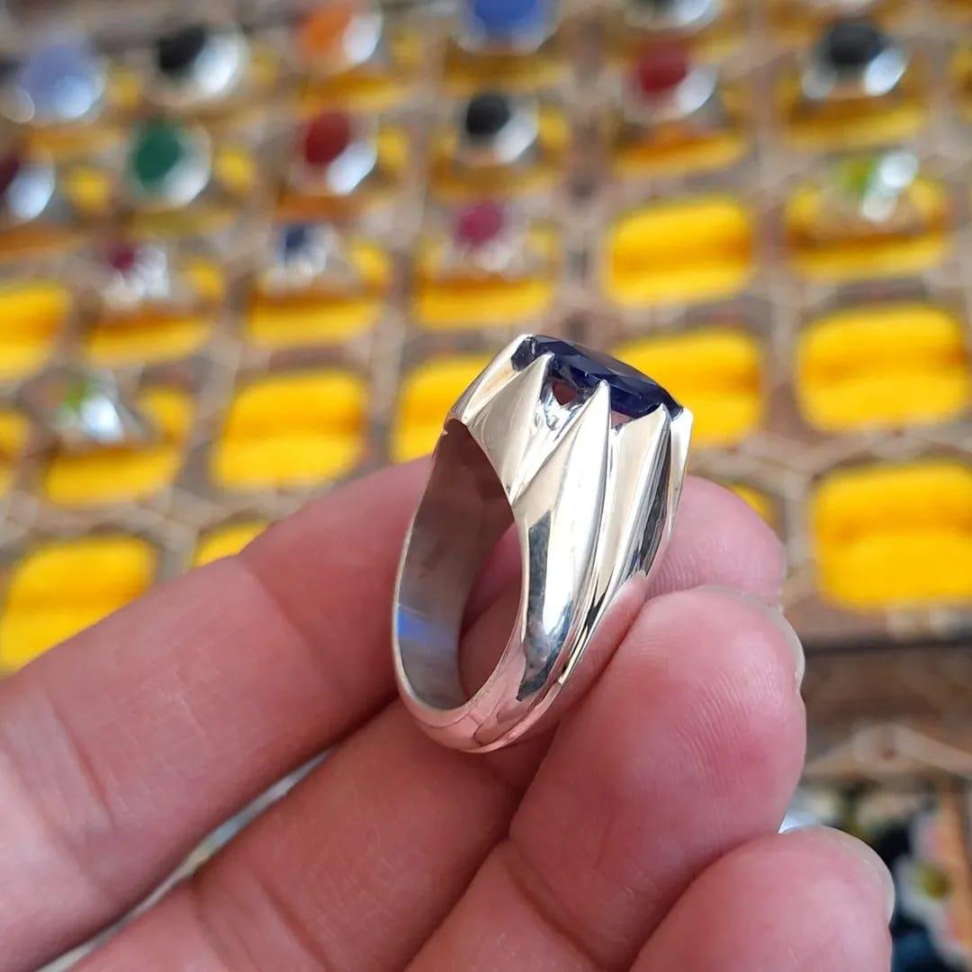 Handmade Ceylon Blue Sapphire Ring for Men: Sterling Silver Islamic Jewelry - Image 3