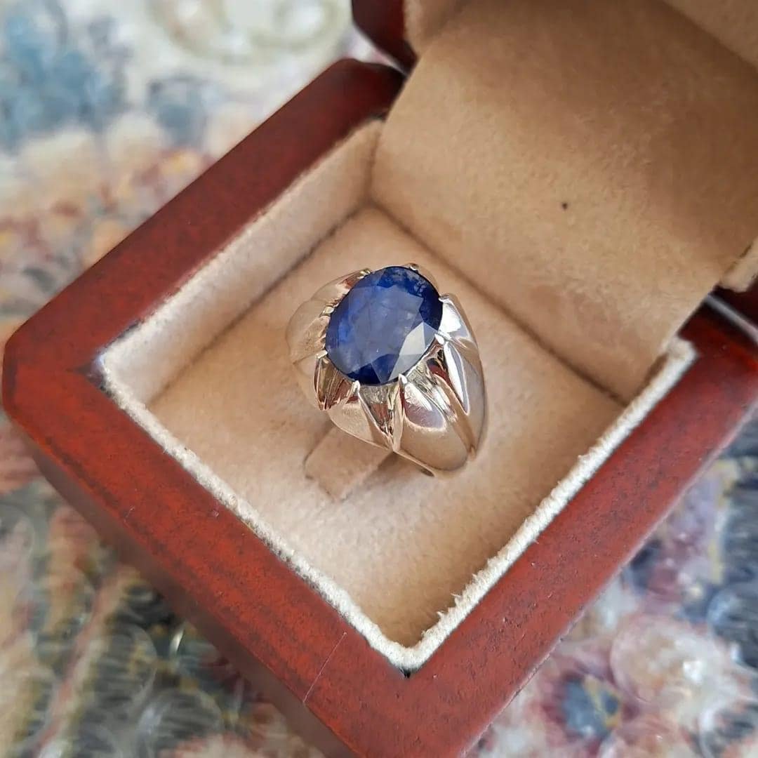 Handmade Ceylon Blue Sapphire Ring for Men: Sterling Silver Islamic Jewelry