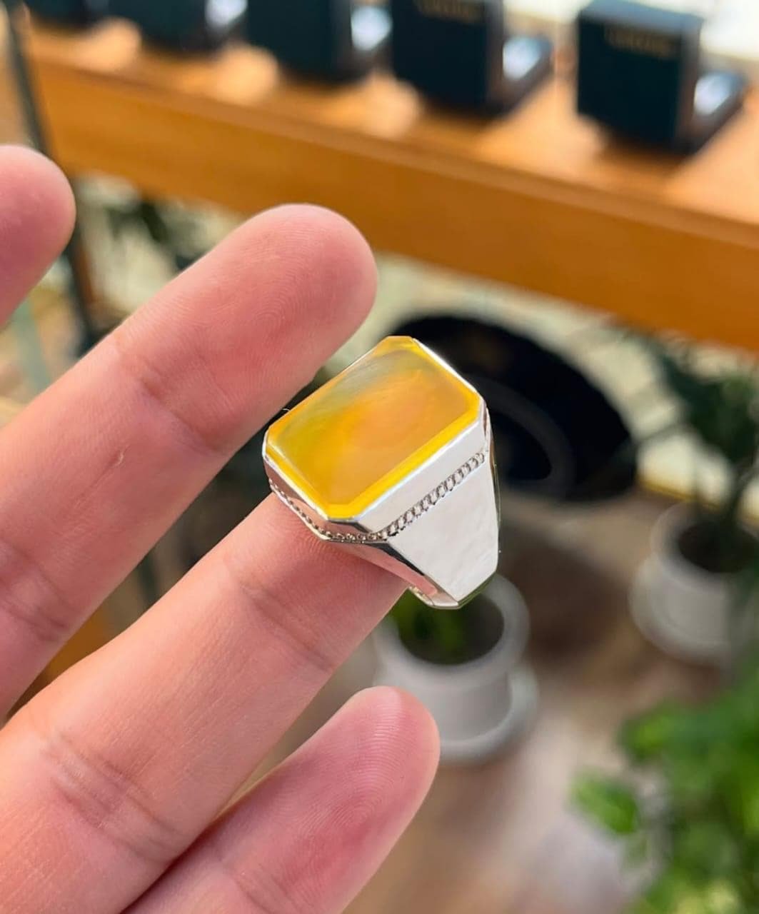 Handmade Yellow Agate (Aqeeq) Ring: 925 Sterling Silver Islamic Men's Ring
