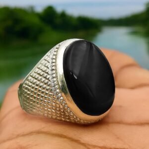 Black Agate Ring for Men: Sterling Silver Islamic Aqeeq Gemstone