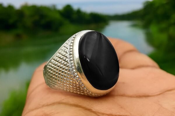 Black Agate Ring for Men: Sterling Silver Islamic Aqeeq Gemstone