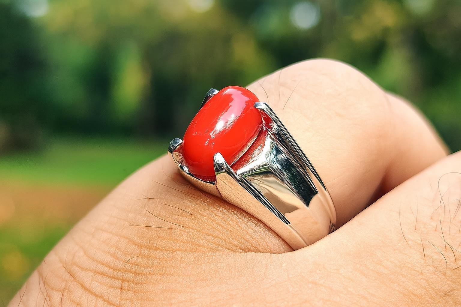 Handmade Red Coral Aqeeq Ring: 925 Sterling Silver Islamic Gift - Image 3