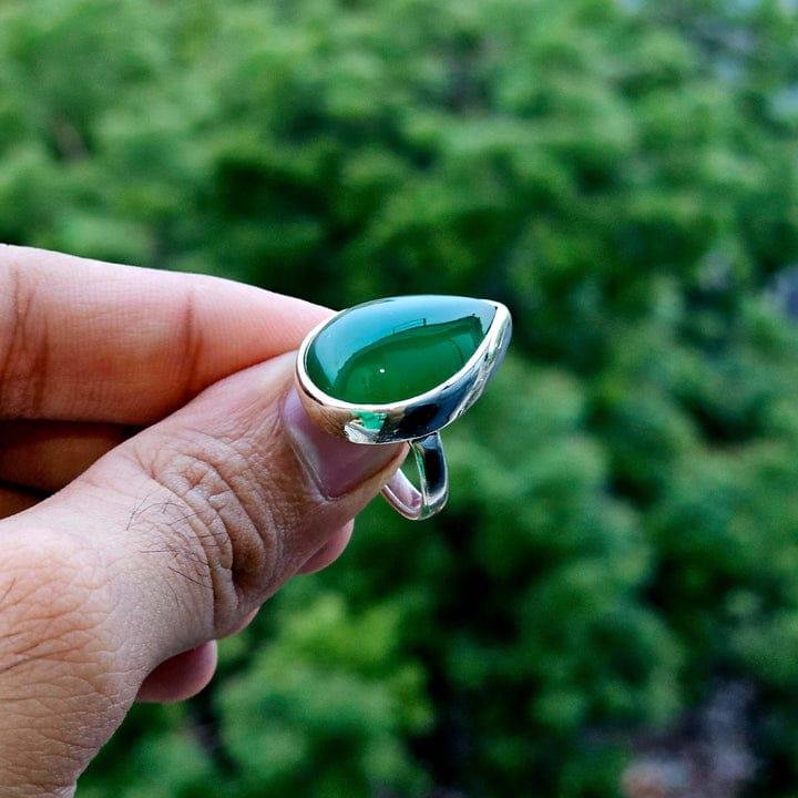 Teardrop Green Agate Ring: Sterling Silver Statement Jewelry