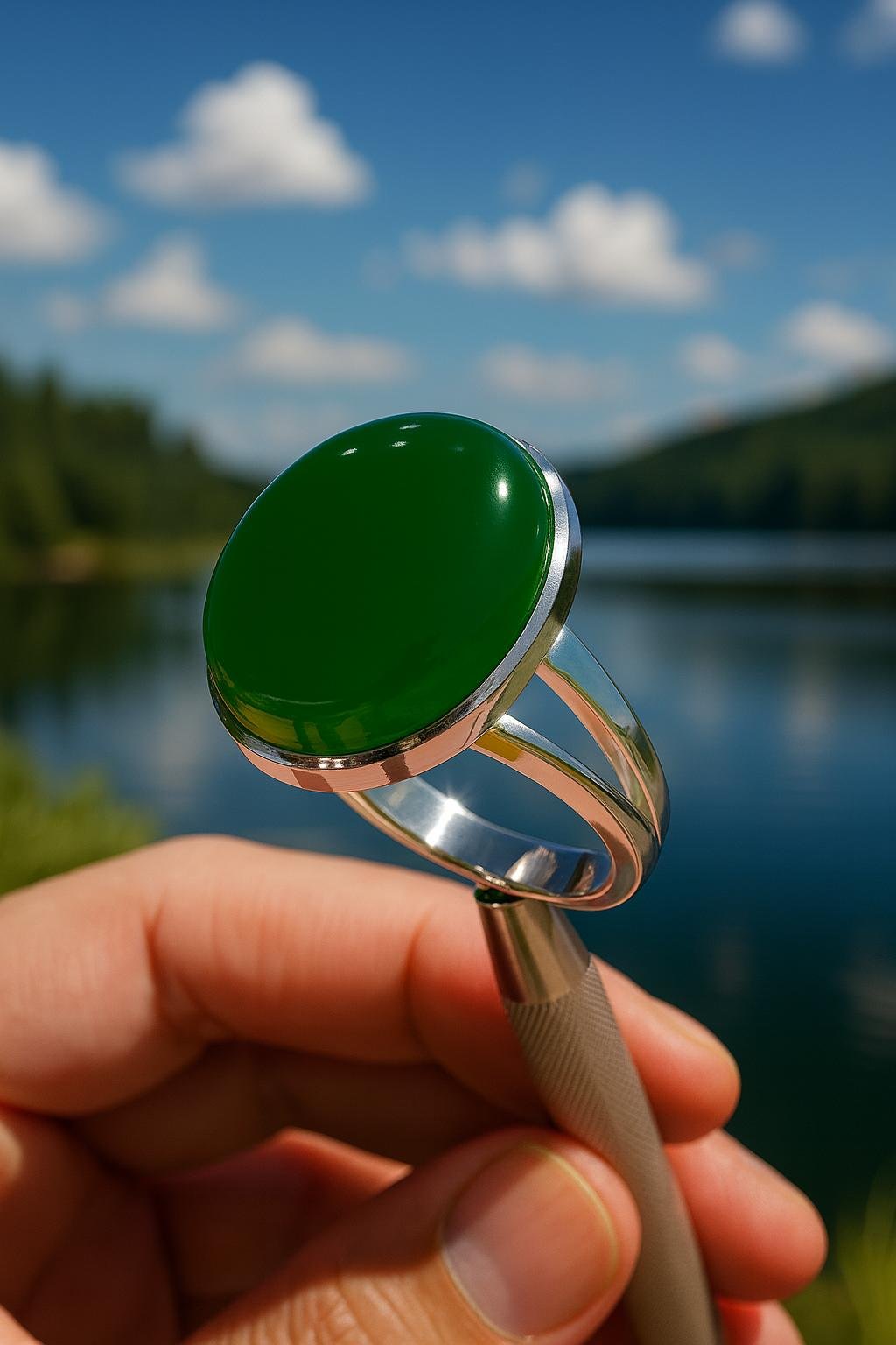 Handmade Green Agate Sterling Silver Ring: Adjustable Art Deco Design - Image 5