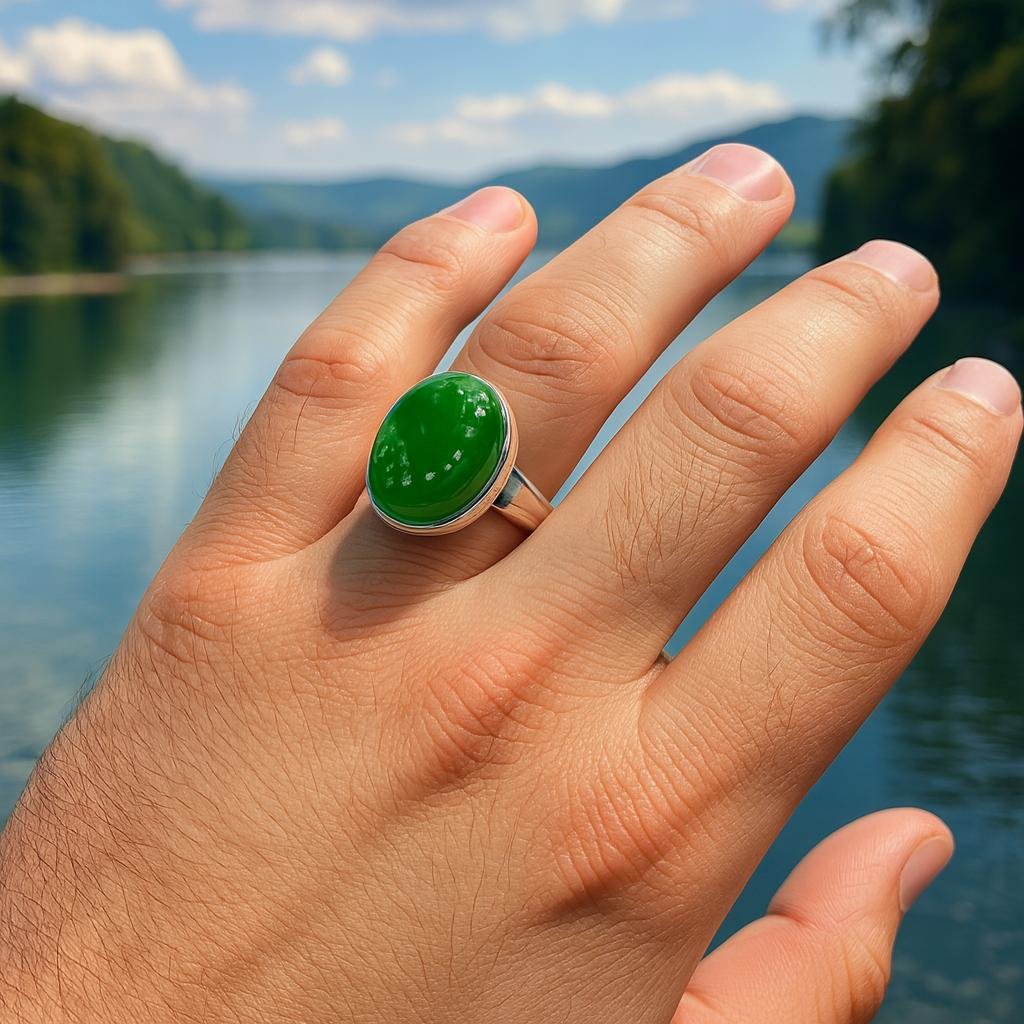 Handmade Green Agate Sterling Silver Ring: Adjustable Art Deco Design - Image 4