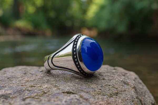 Handmade Sterling Silver Blue Agate Ring: Islamic Aqeeq Style - Image 4